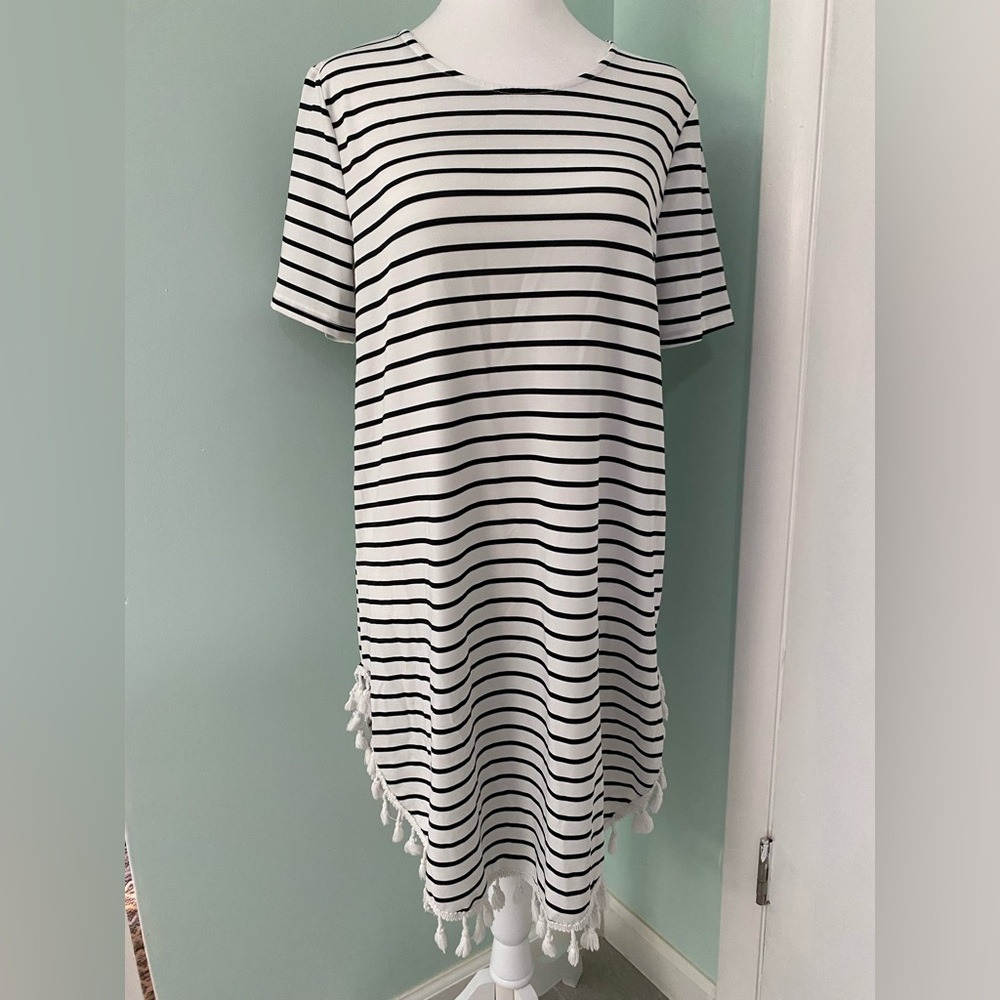 Black and White Striped Dress with Tassels